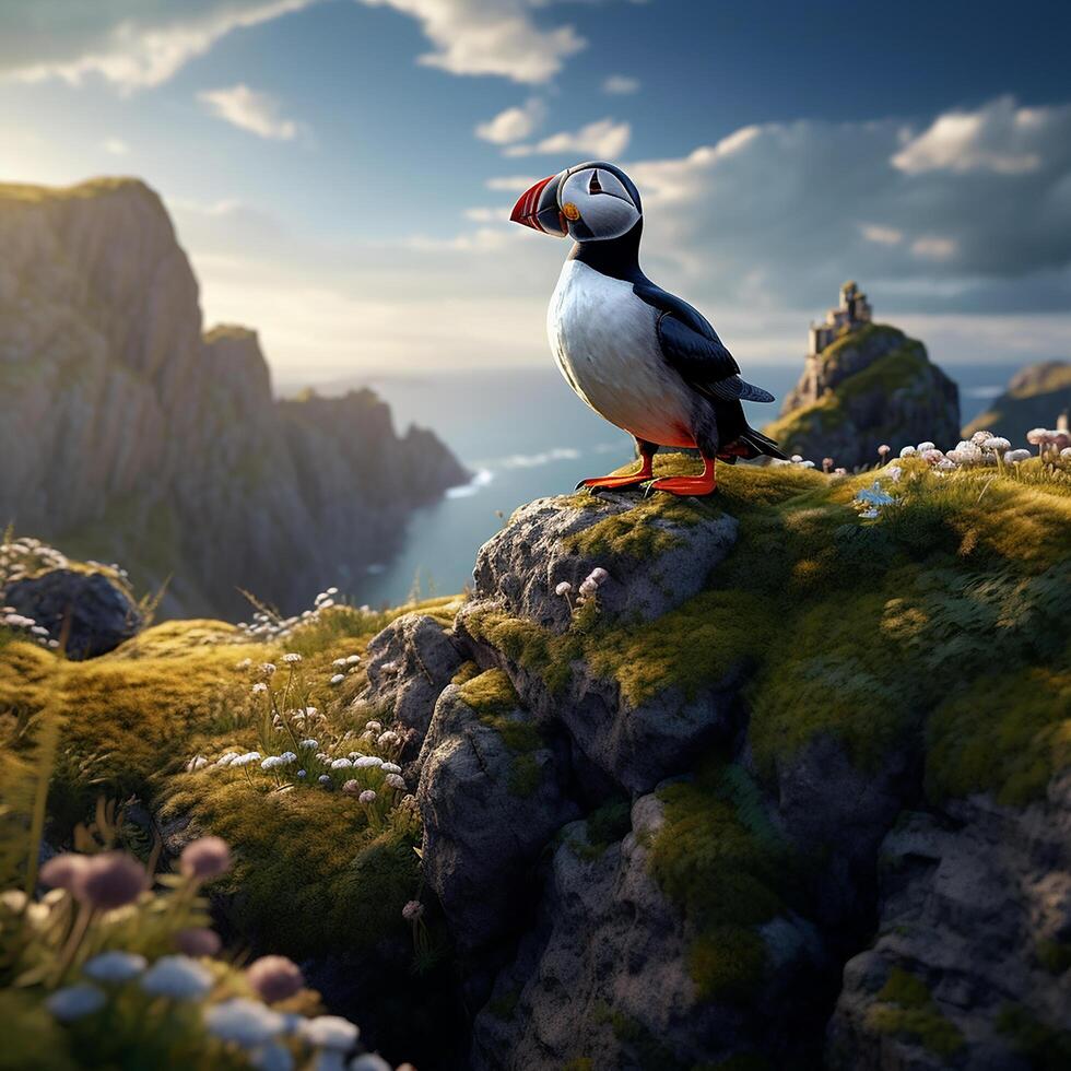 A cartoon bird standing on a rock in a grassy area. photo