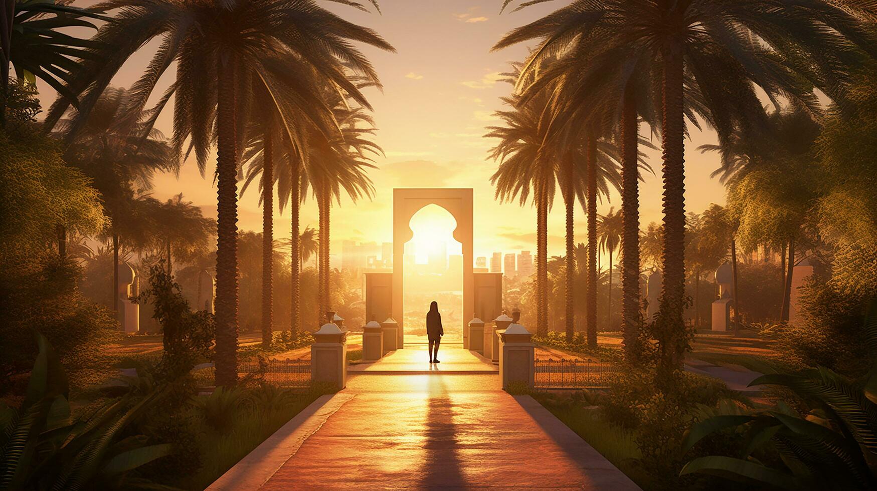 A man walks through a palm tree-lined walkway with a sunset in the background. Generative AI photo