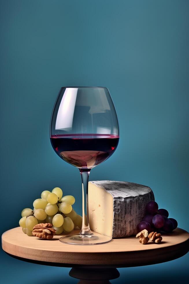A glass of wine next to grapes and cheese. photo
