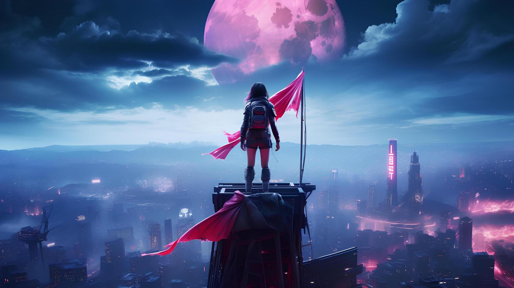A woman standing on a tower with a flag. photo