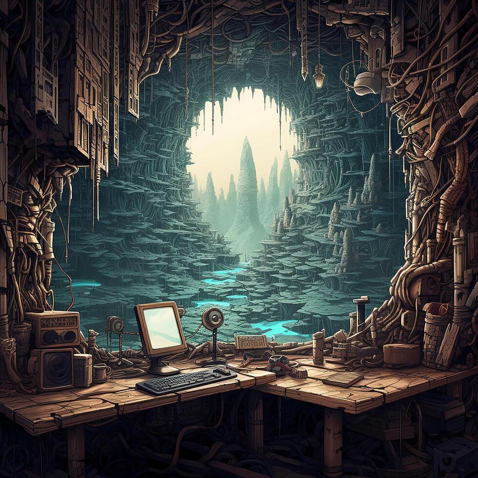 A room with a cave and a laptop on the desk. photo
