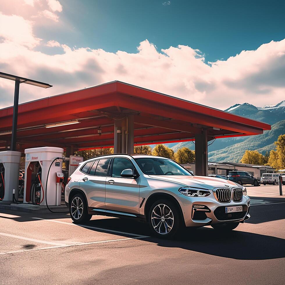 Cinematic  car shot  parked at a white roof and red pole gas station. Generative AI photo