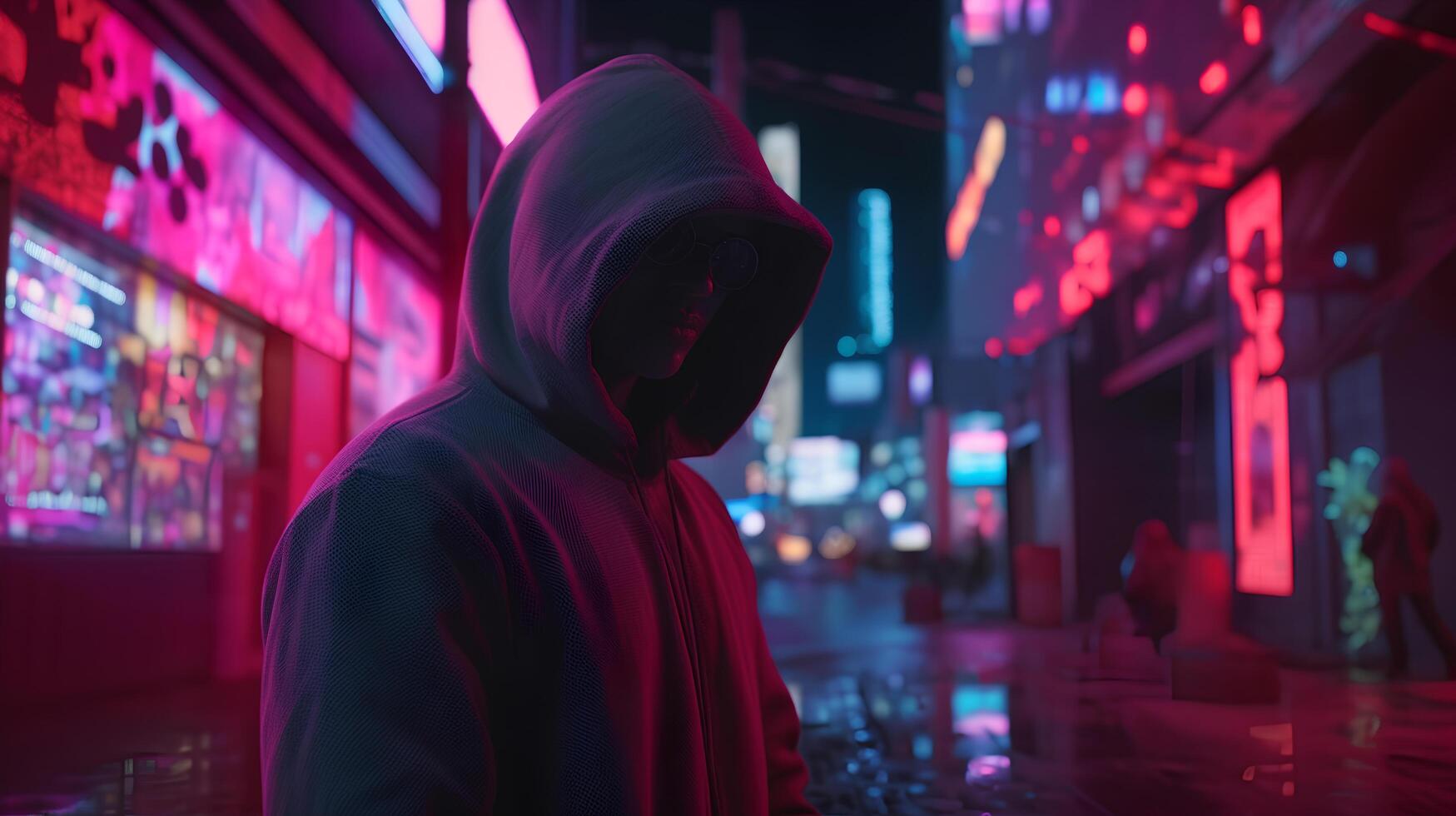 A person in a hoodie in a city. photo