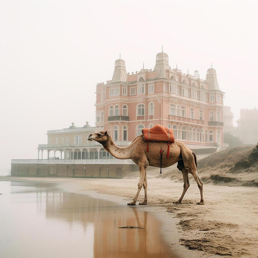 A camel walking on the beach. photo