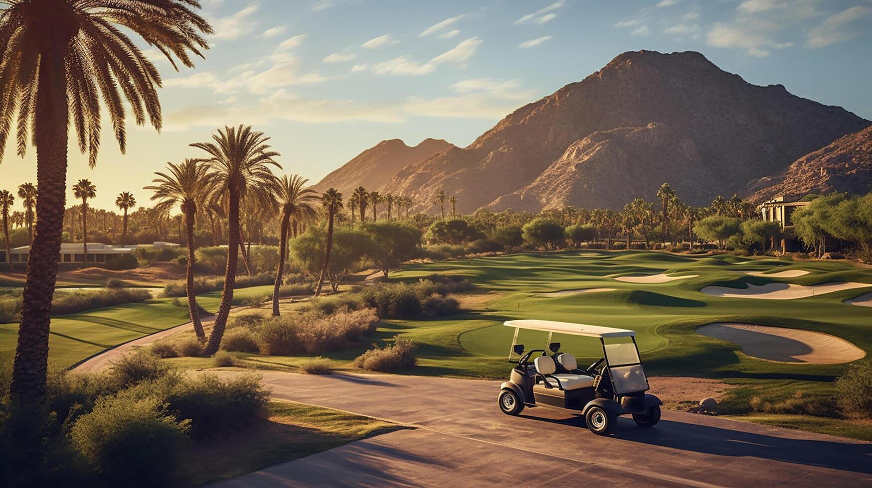 A golf cart on a golf course. photo