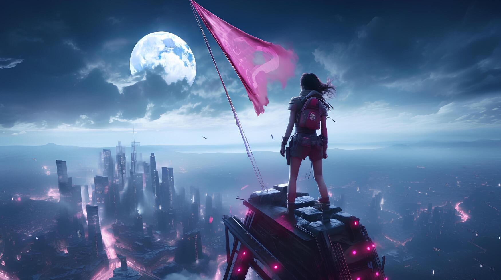 A woman standing on a tower with a flag. photo