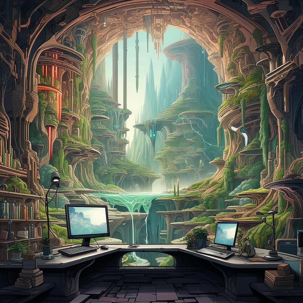 A painting of a cave with a computer and a monitor with a waterfall in the background. photo