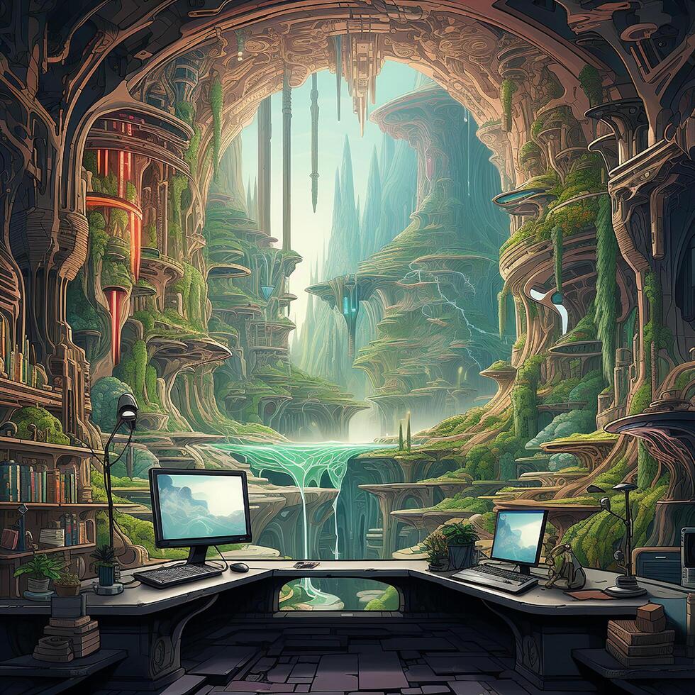 A painting of a cave with a computer and a monitor with a waterfall in the background. Generative AI photo