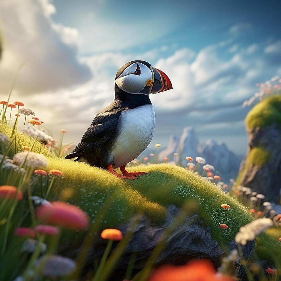 A cartoon bird standing on a rock in a grassy area. photo