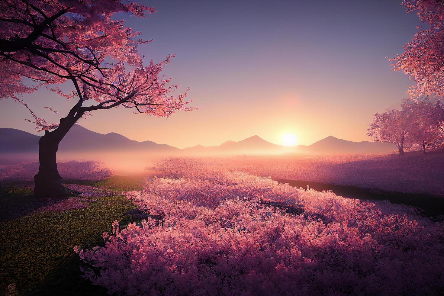 A pink sunset with a mountain in the background. photo