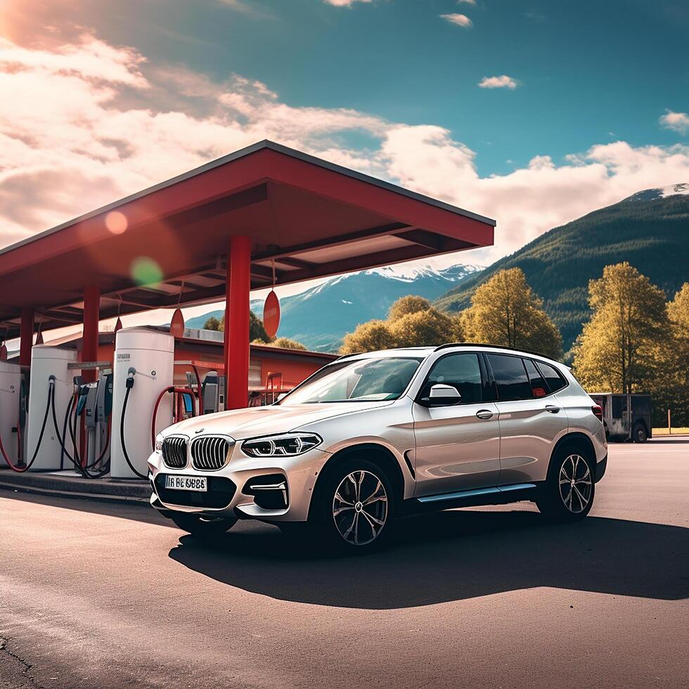 Cinematic  car shot  parked at a white roof and red pole gas station. Generative AI photo