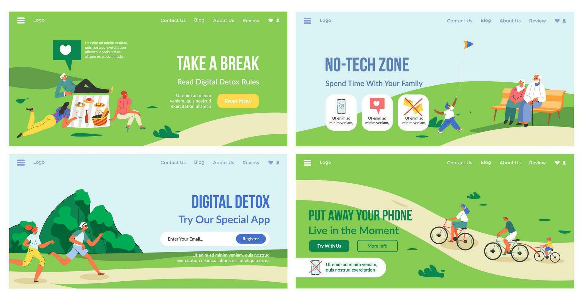 Digital detox app promo at landing banner set vector