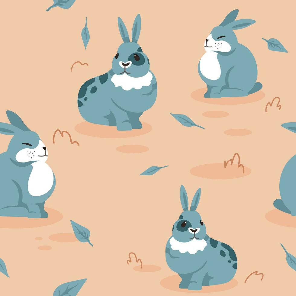 Cute bunnies and rabbits on field, pattern print vector