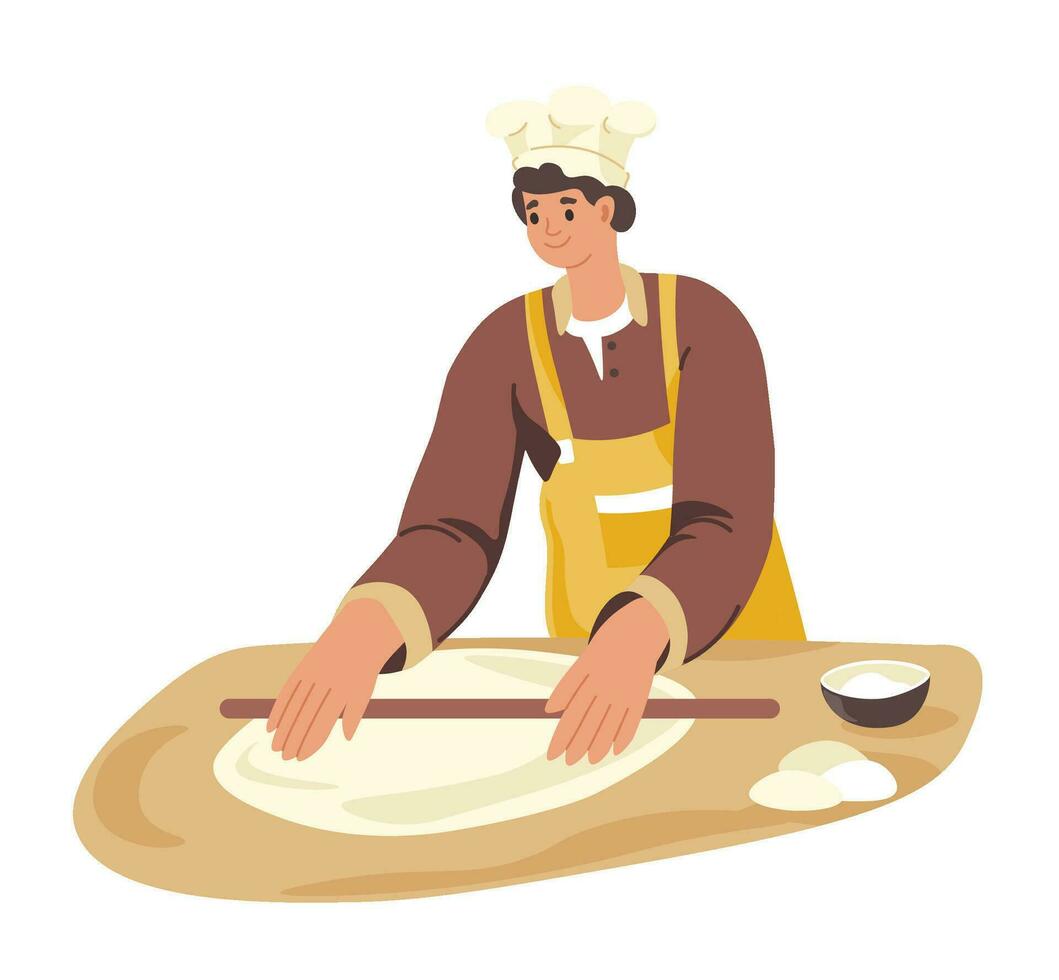 Cook with rolling pins working on pizza dough vector