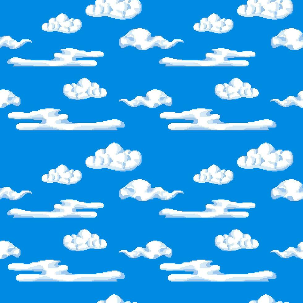 Clear sky with clouds, pixelated art seamless vector