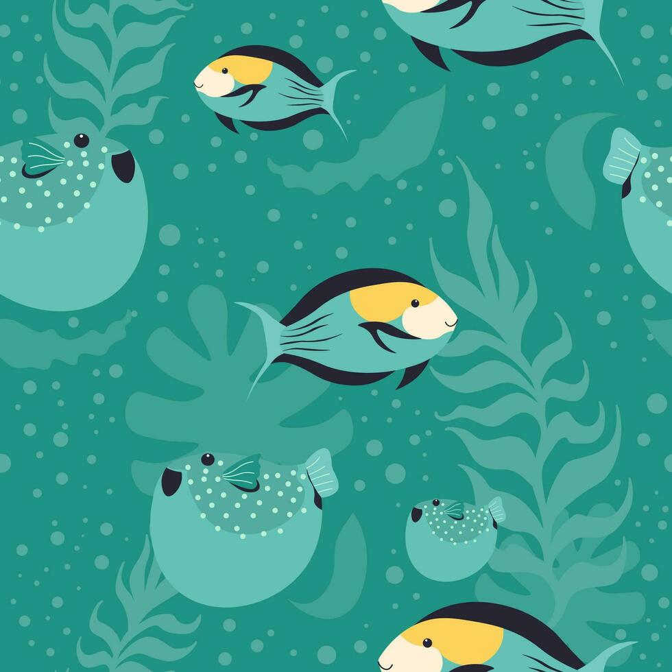 Exotic fish species, aquarium with seaweed flora vector