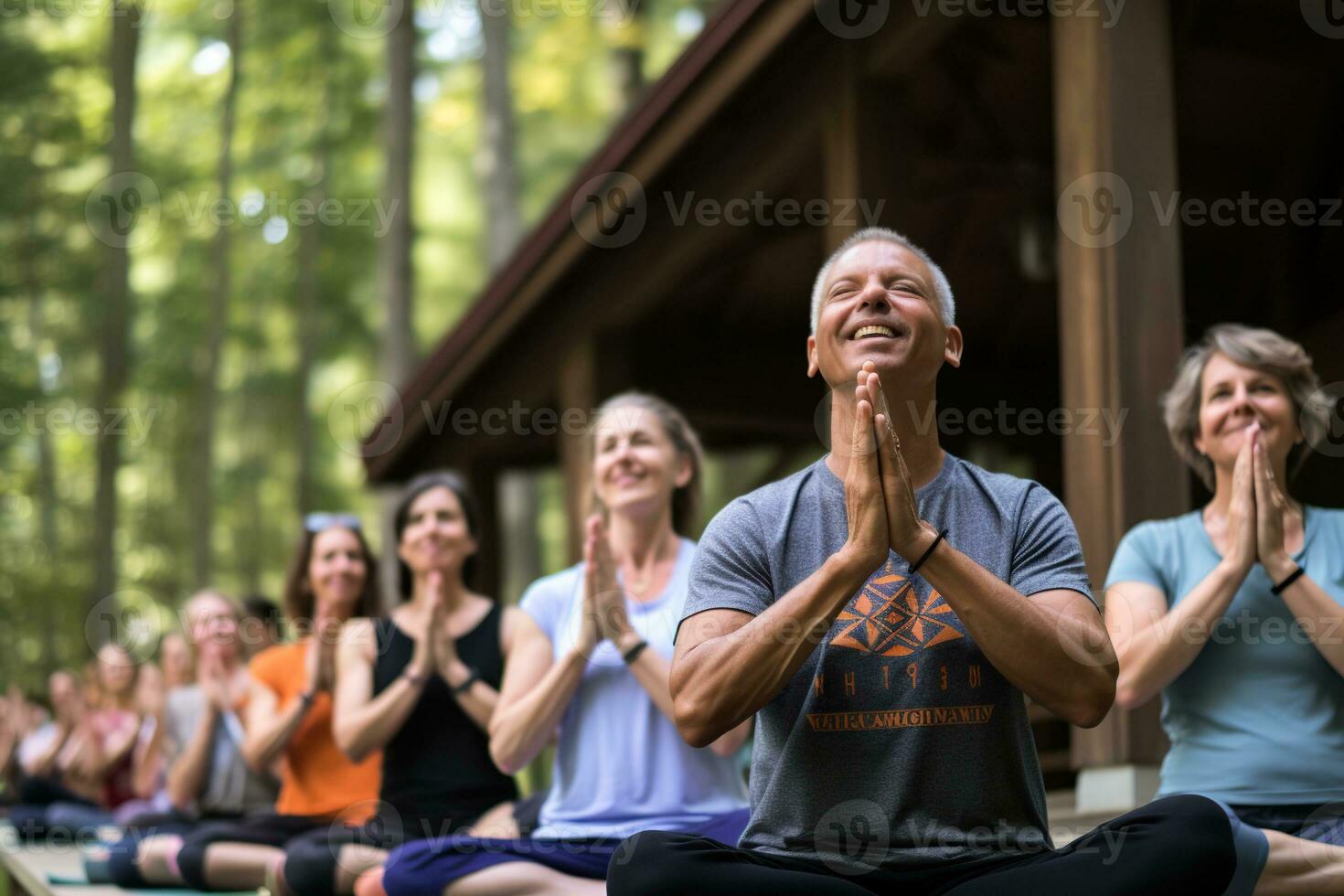 Generative AI illustration of group of mature men and women in class at outdoor yoga retreat photo