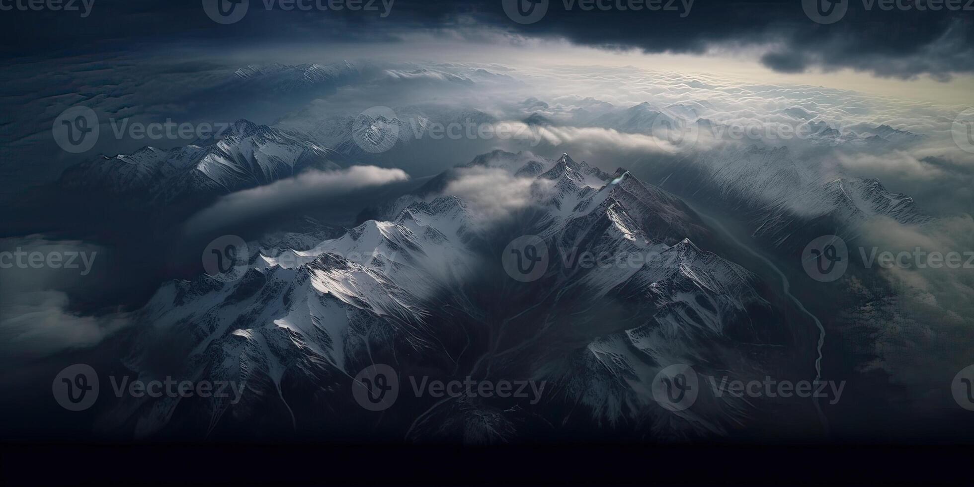 illustration of view from sky, snow mountains of dark age, rain, fog, dramatic and stunning landscape, dramatic linear delicacy photo