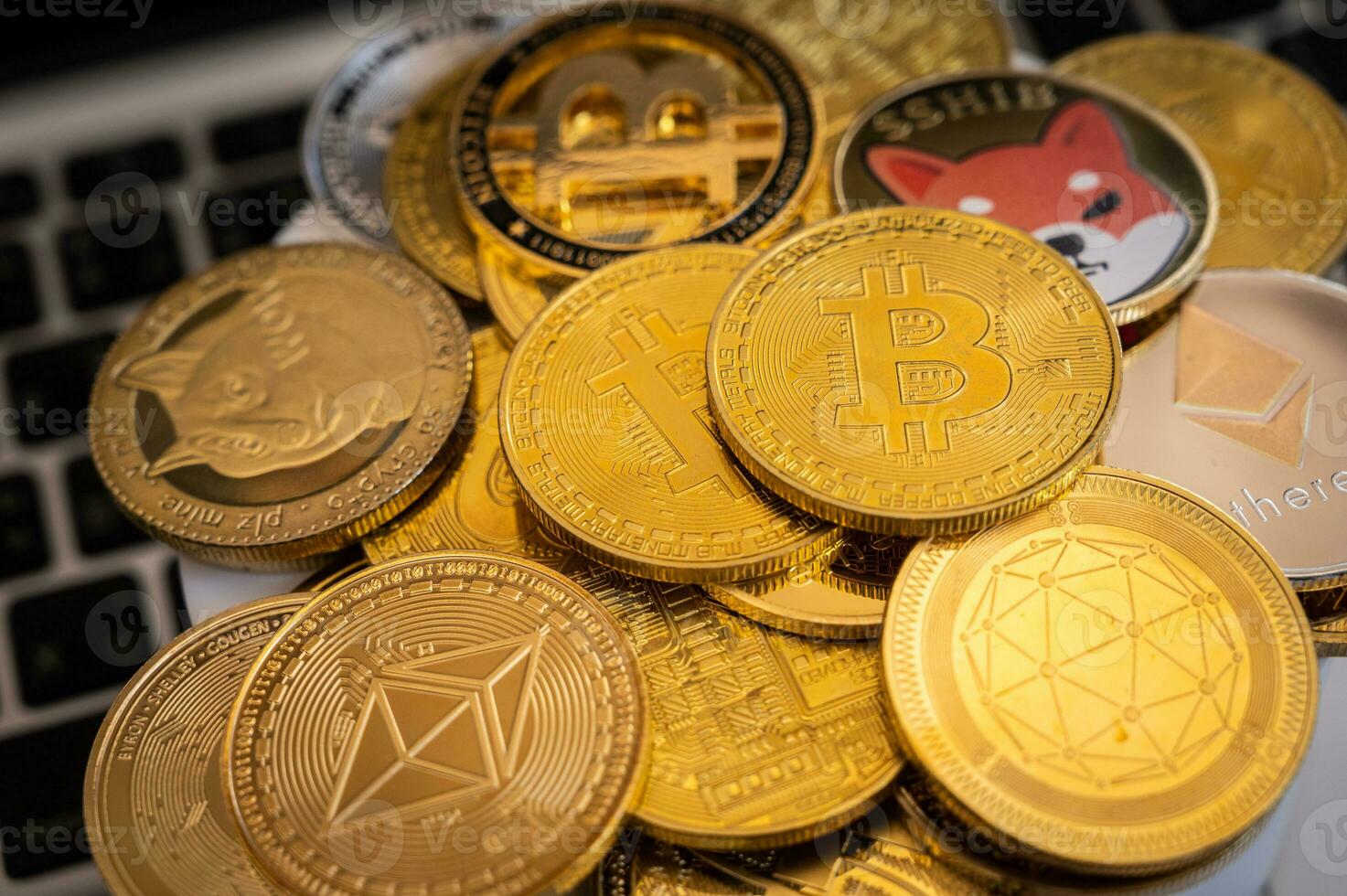 Close up of various kinds of Cryptocurrency token coins. Cryptocurrency is a digital or virtual currency that is secured by cryptography. photo