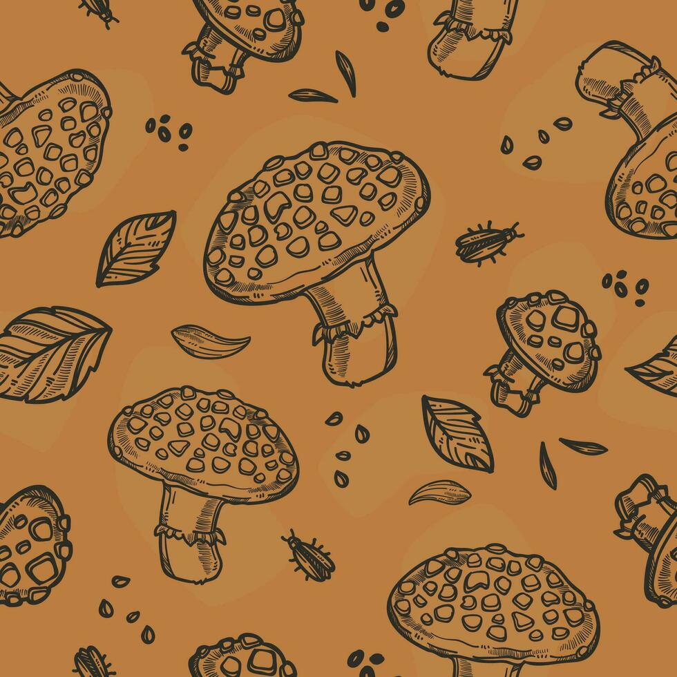 Organic and natural mushrooms in forest, print vector