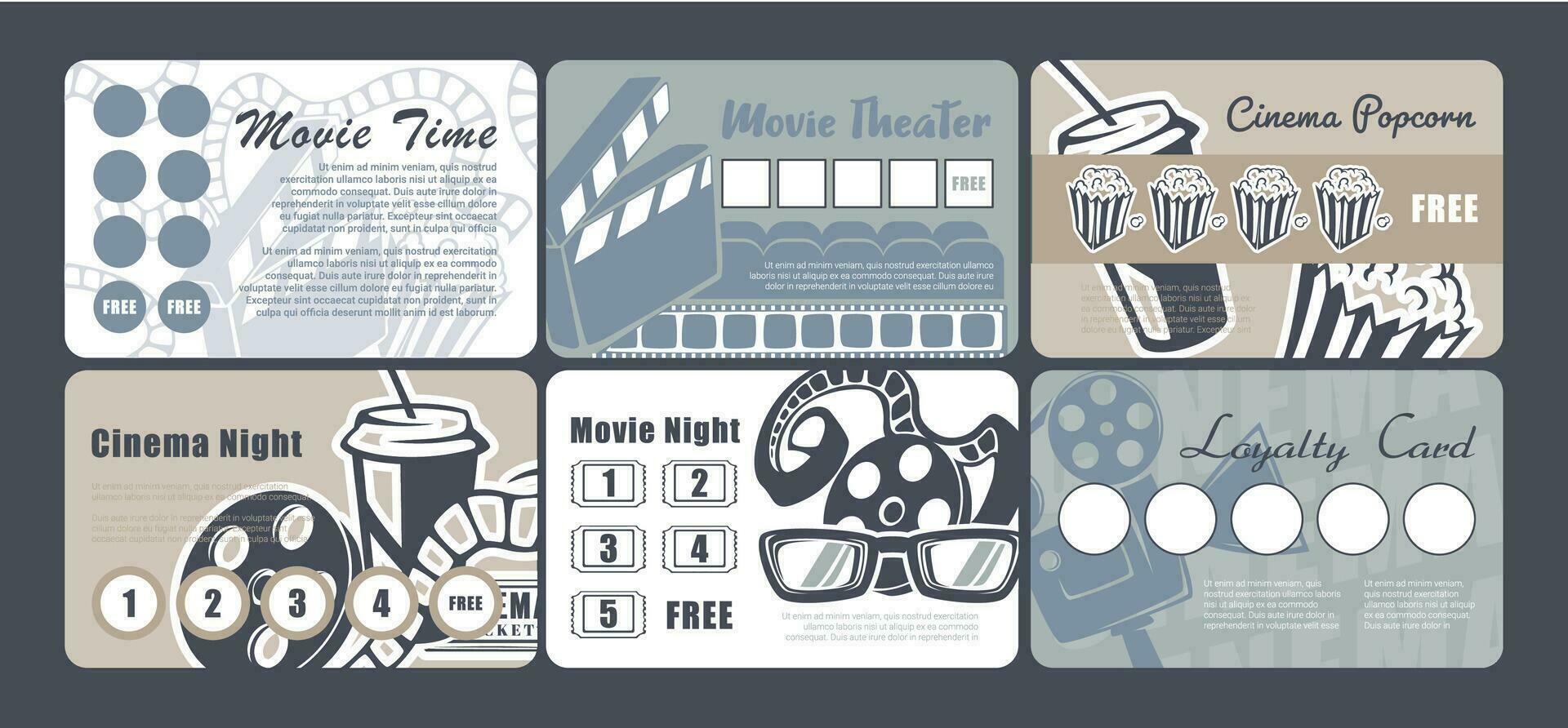 Loyalty card design set for movie theater offers vector