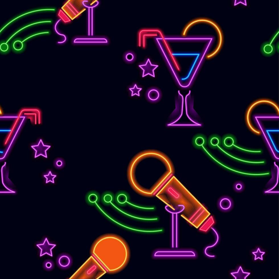 Cocktail and microphone, neon signs seamless print vector