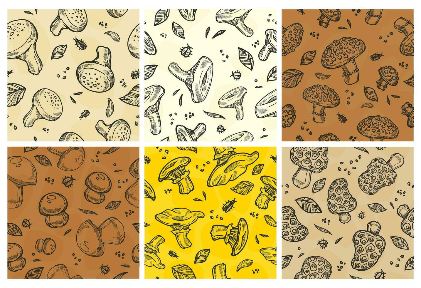 Decorative pattern set with hand drawn mushrooms vector