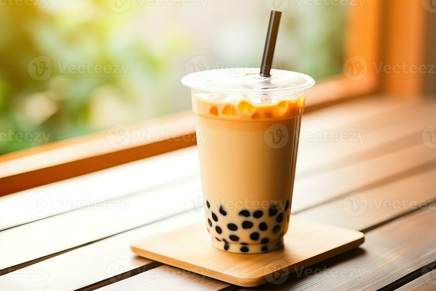 generativo ai ilustración de Taiwán boba Leche té con burbuja en madera mesa foto