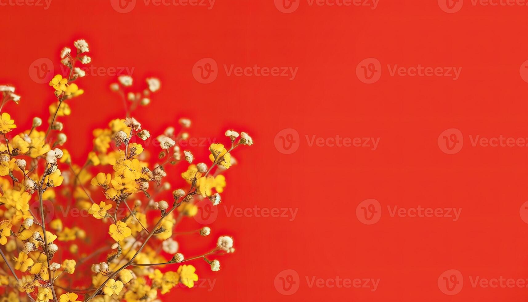 illustration of many small beautiful yellow flower blossoms on red pastel background with copy space. photo