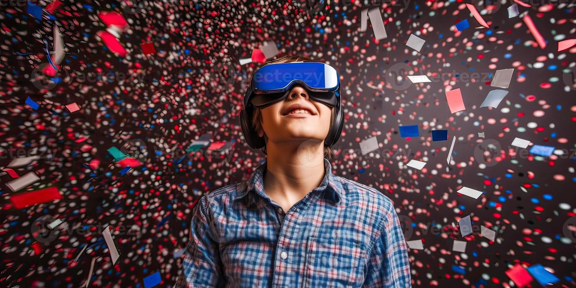 illustration of teen boy wearing an augmented reality headset showing confetti celebrating 4th of July, American flag background photo