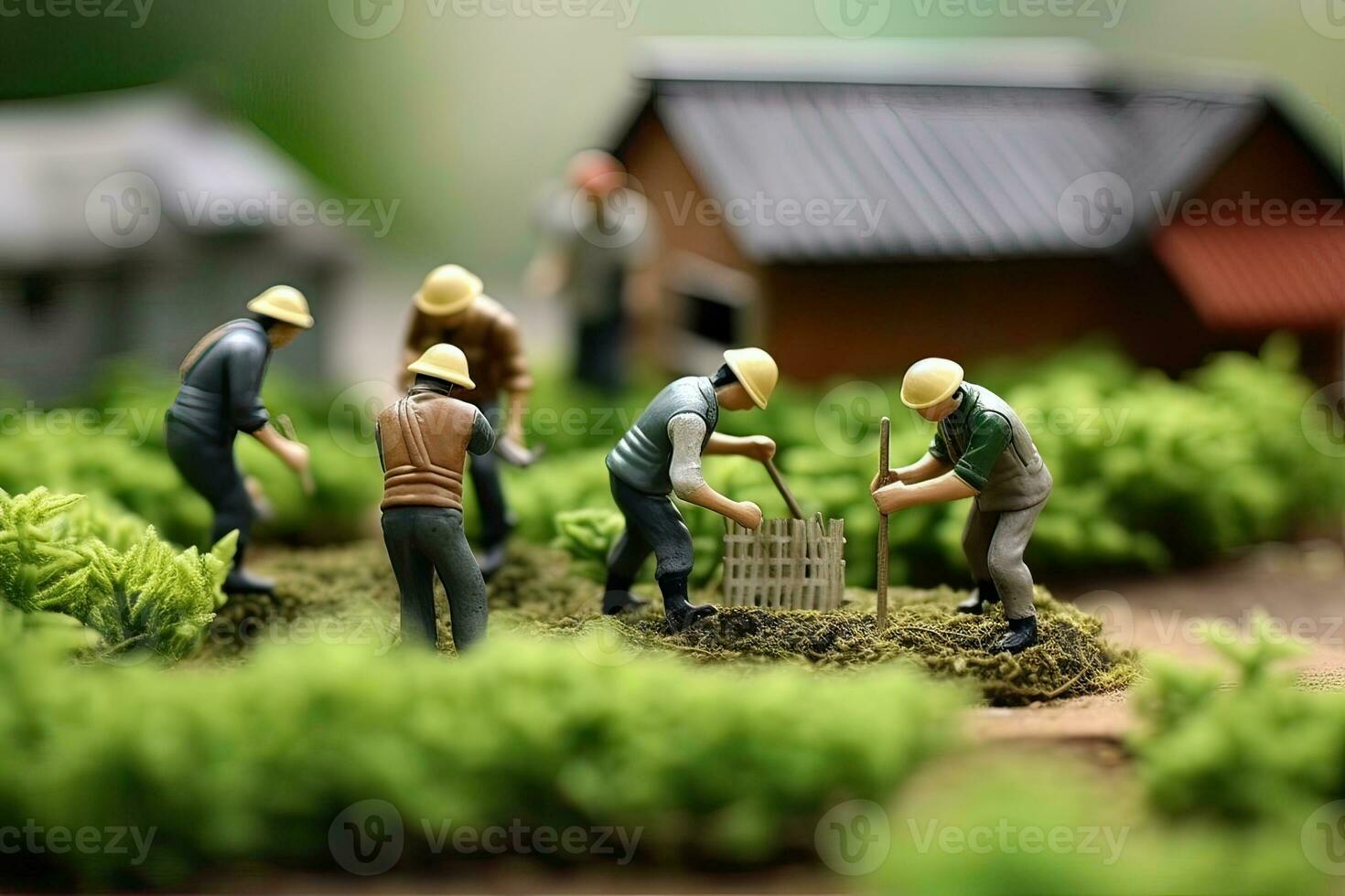 Generative AI illustration of miniature people, team farmer work with concept agriculture, business concept photo
