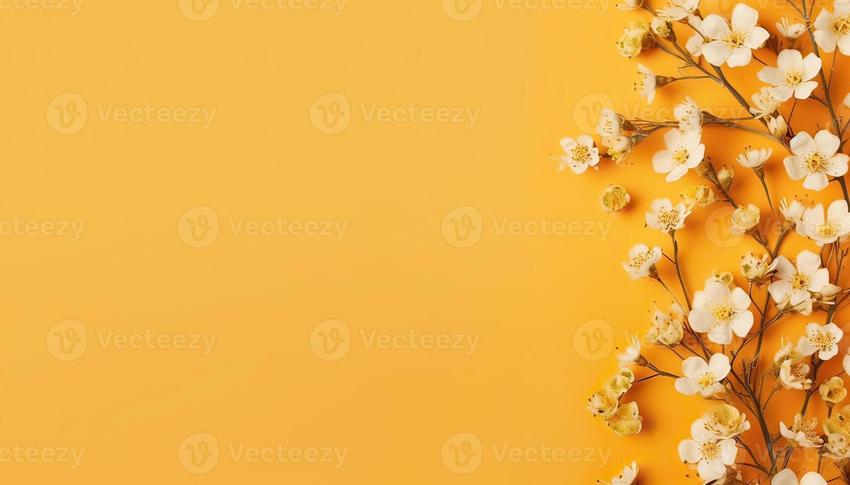 illustration of many small beautiful yellow flower blossoms on yellow pastel background with copy space photo