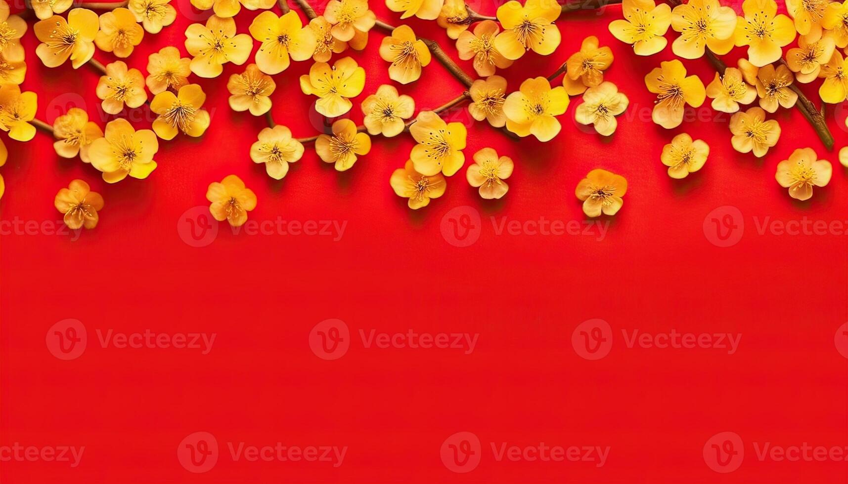 illustration of many small beautiful yellow flower blossoms on red pastel background with copy space. photo