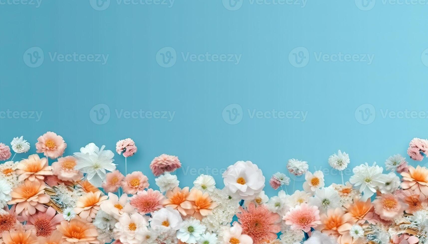 illustration of many small beautiful pink white flower blossoms on blue pastel background with copy space photo