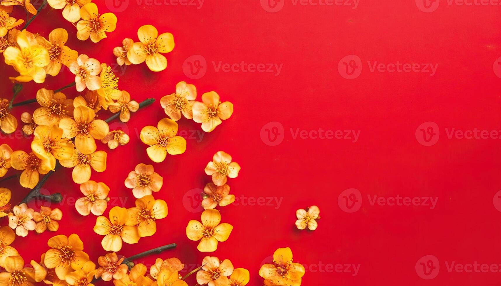 illustration of many small beautiful yellow flower blossoms on red pastel background with copy space. photo