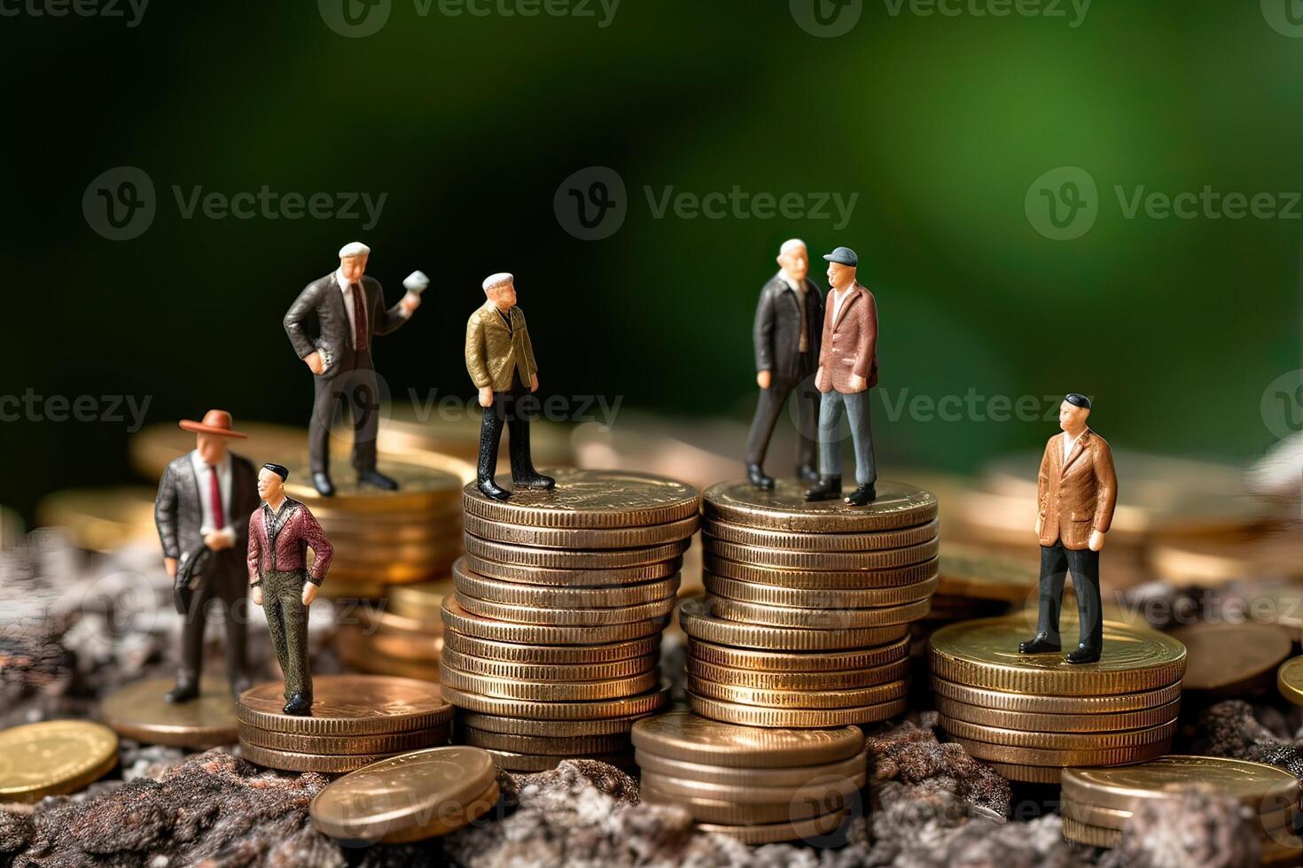 illustration of miniature figures people stand on coins. Elderly people and their savings, pension photo
