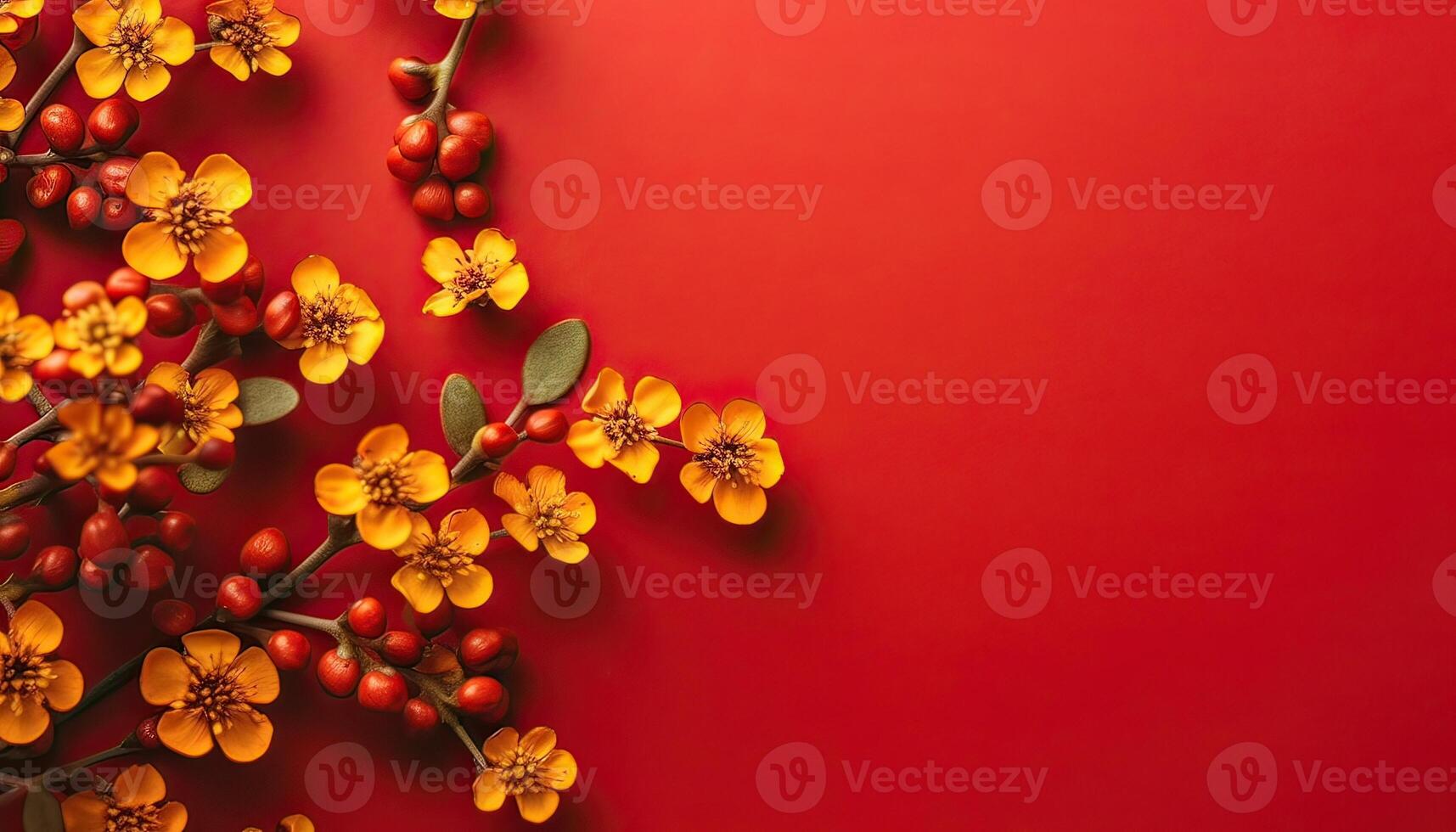 illustration of many small beautiful yellow flower blossoms on red pastel background with copy space. photo