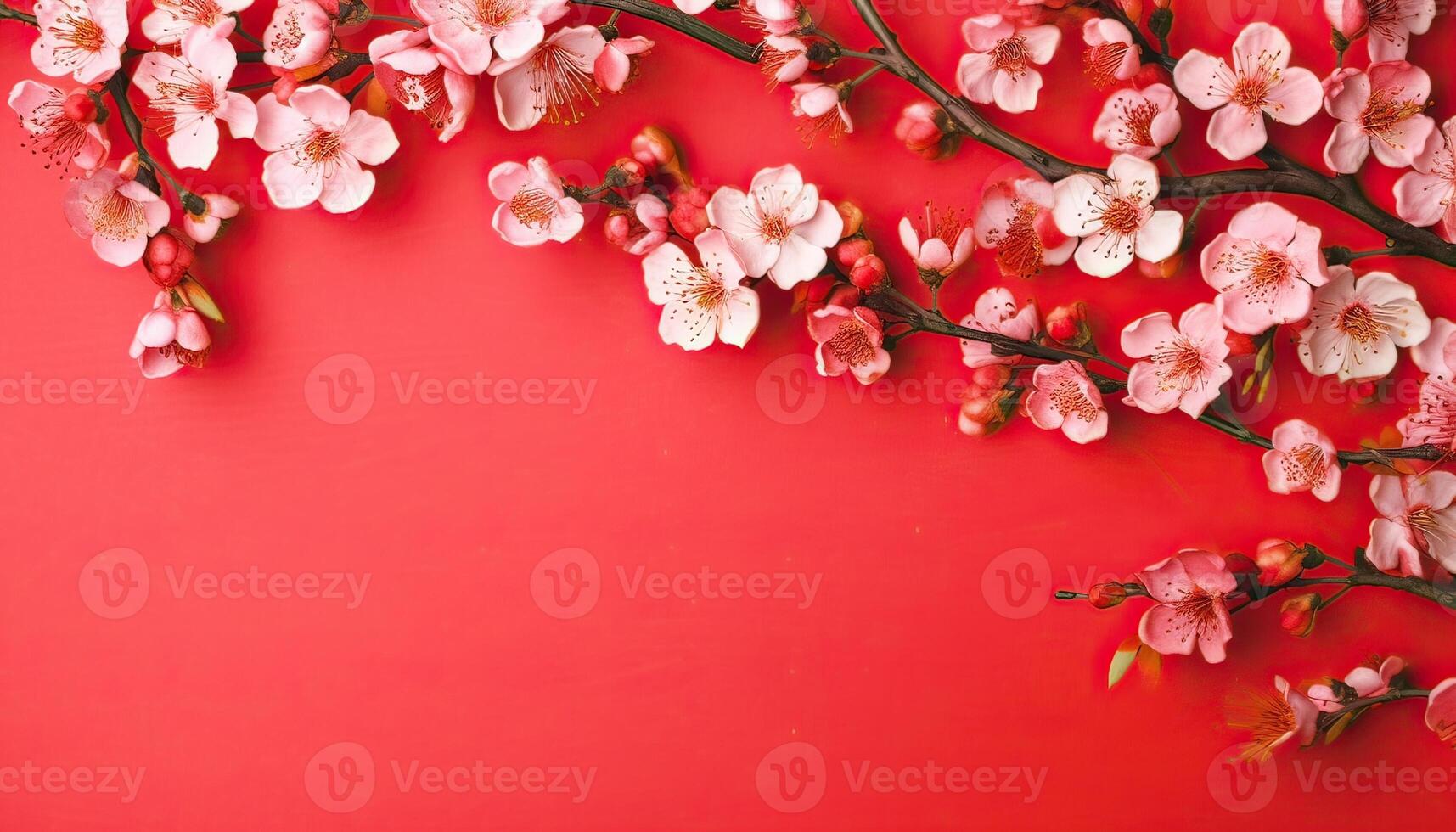 Generative AI illustration of many small beautiful pink flower blossoms on red pastel background with copy space photo