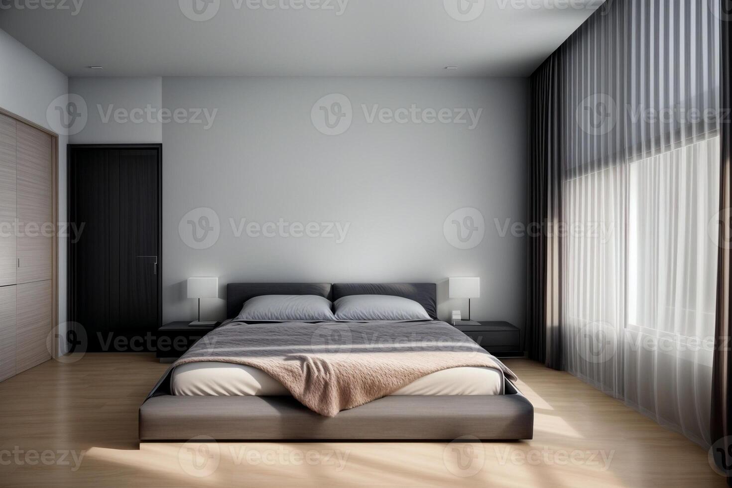Minimalist Serenity A Modern Bedroom with Soft Lighting. . photo