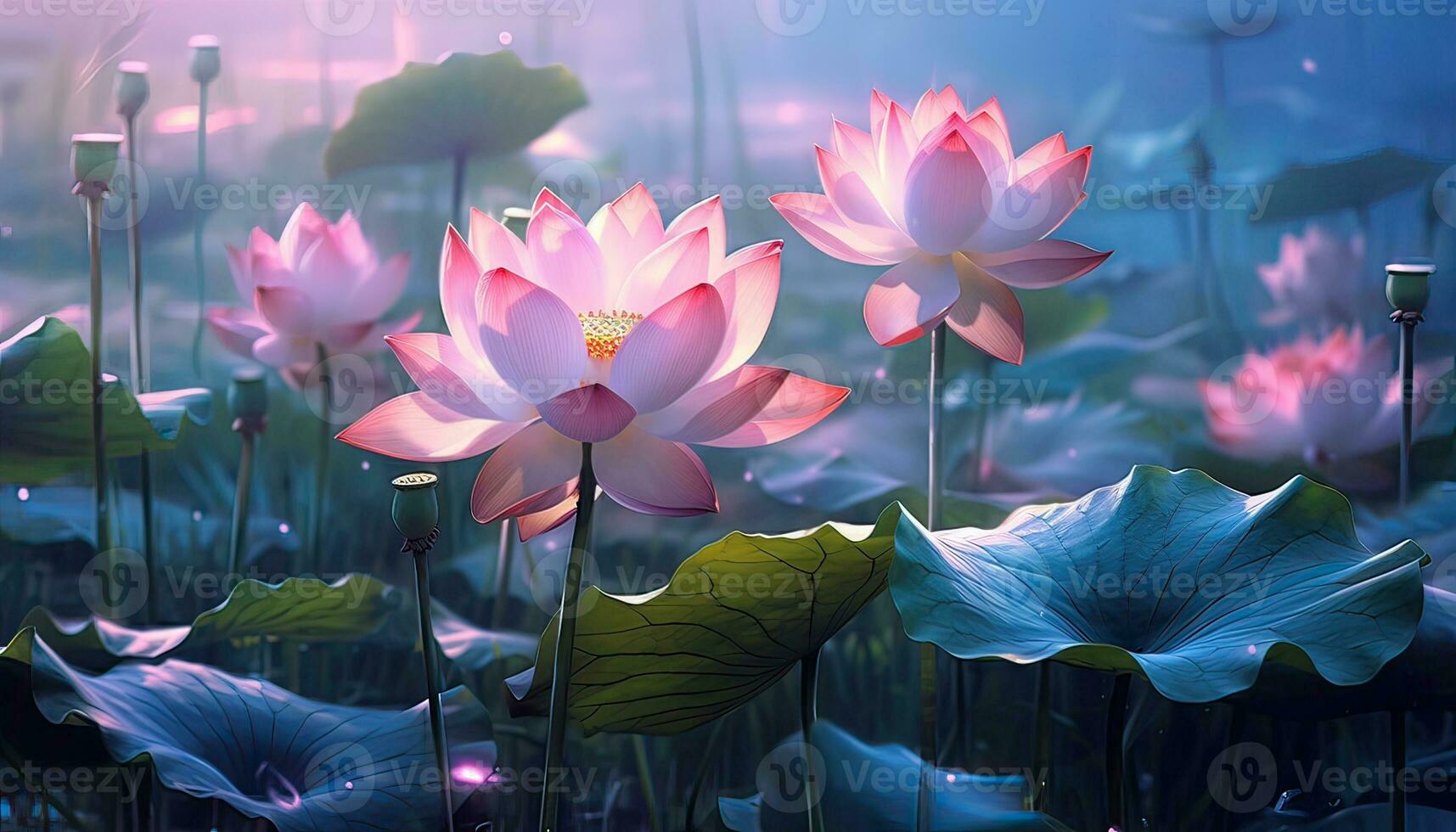 Generative AI illustration of lotus flower in pond, clean background color, misty, illusory photo