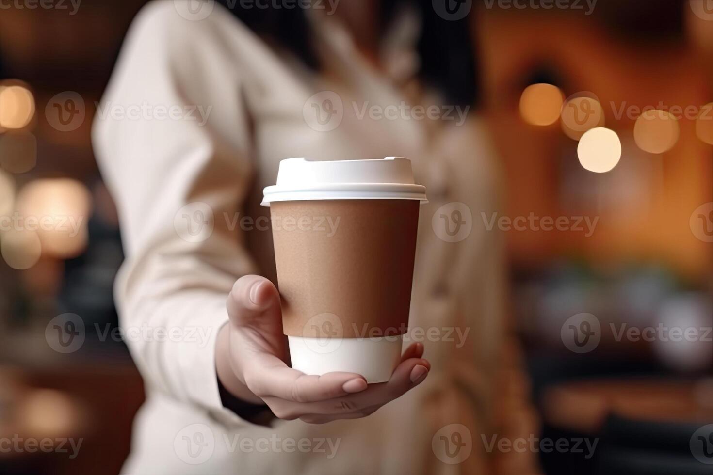 illustration of a waitress holding and serving a paper cup of hot coffee in cafe, close focus in paper coffee cup in a hand photo