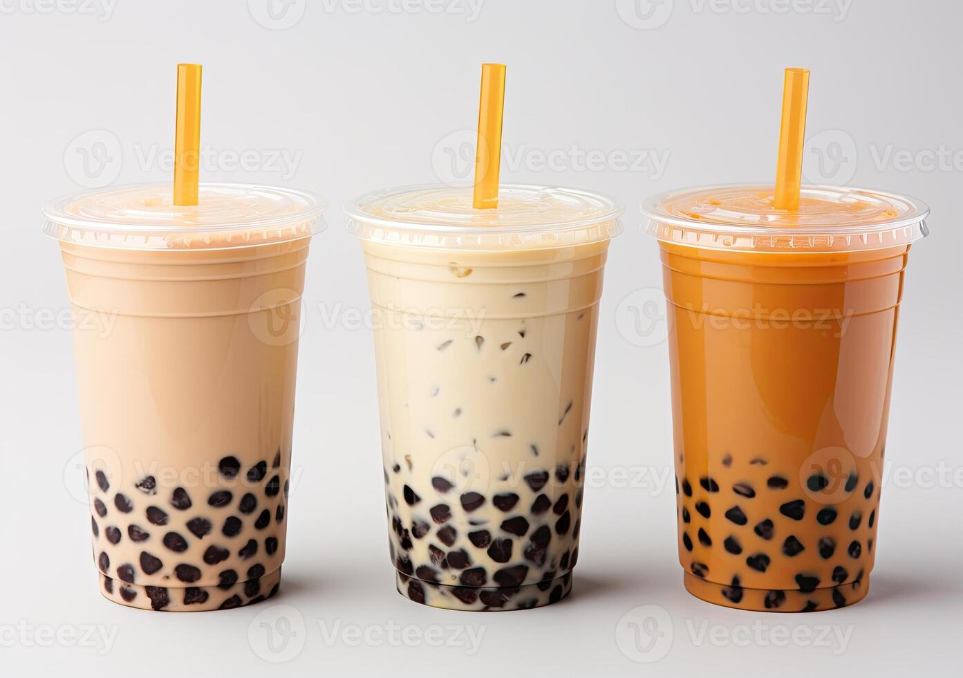 illustration of product photo of 3 plastic cups of boba milk tea, with bubbles, fun, solid soft pastel background