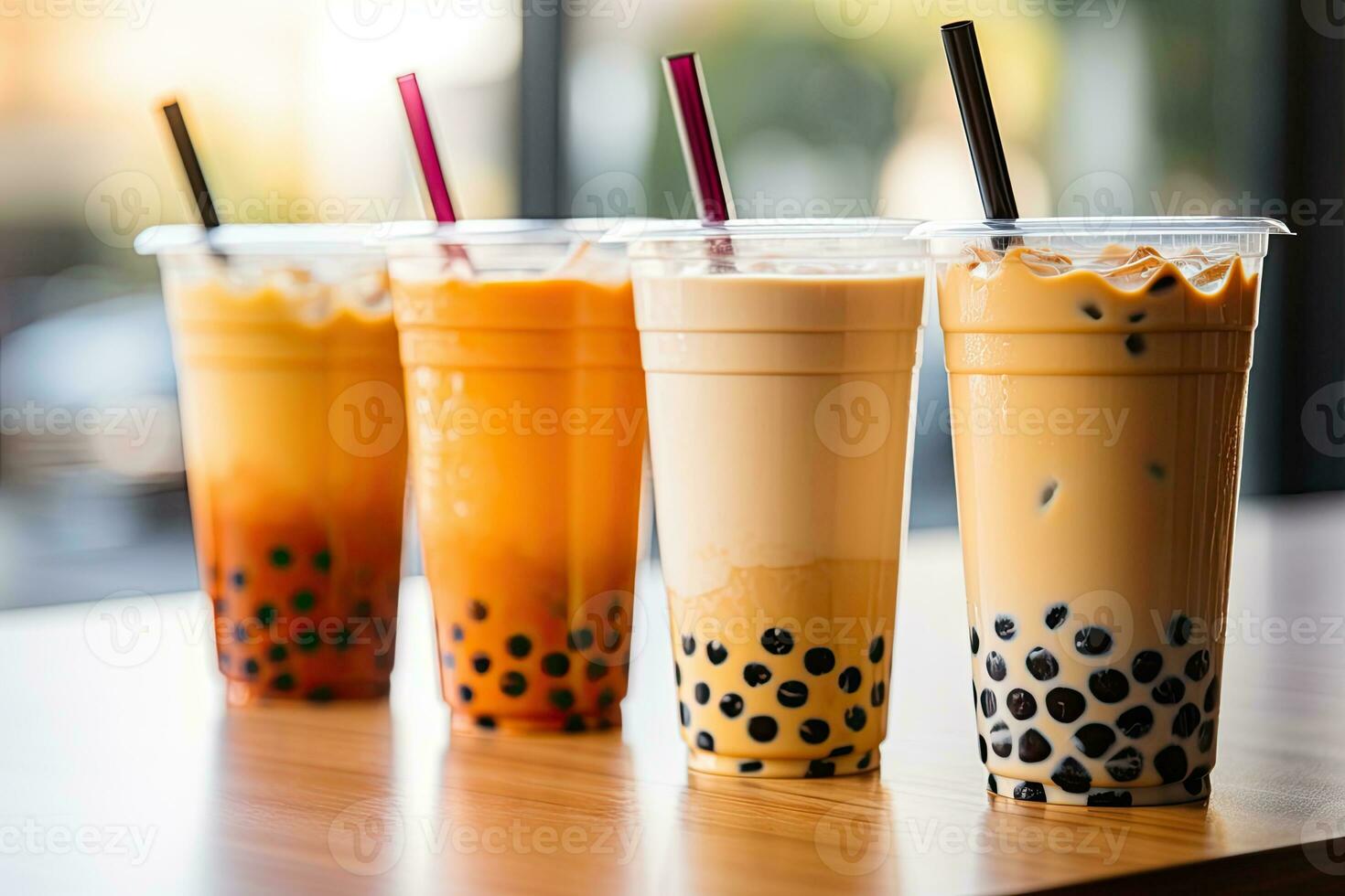 Generative AI illustration of plastic cups of boba milk tea, with bubbles, close-up shot, depth of field, gourmet dessert, blurry background photo