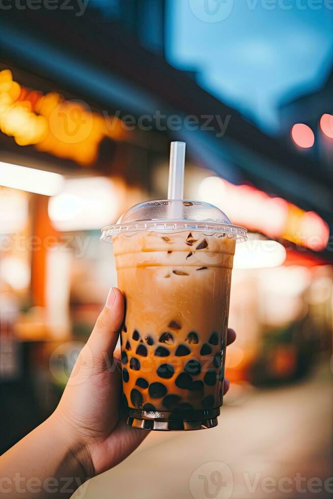Generative AI illustration of hand holding Taiwan milk tea and blurry background photo