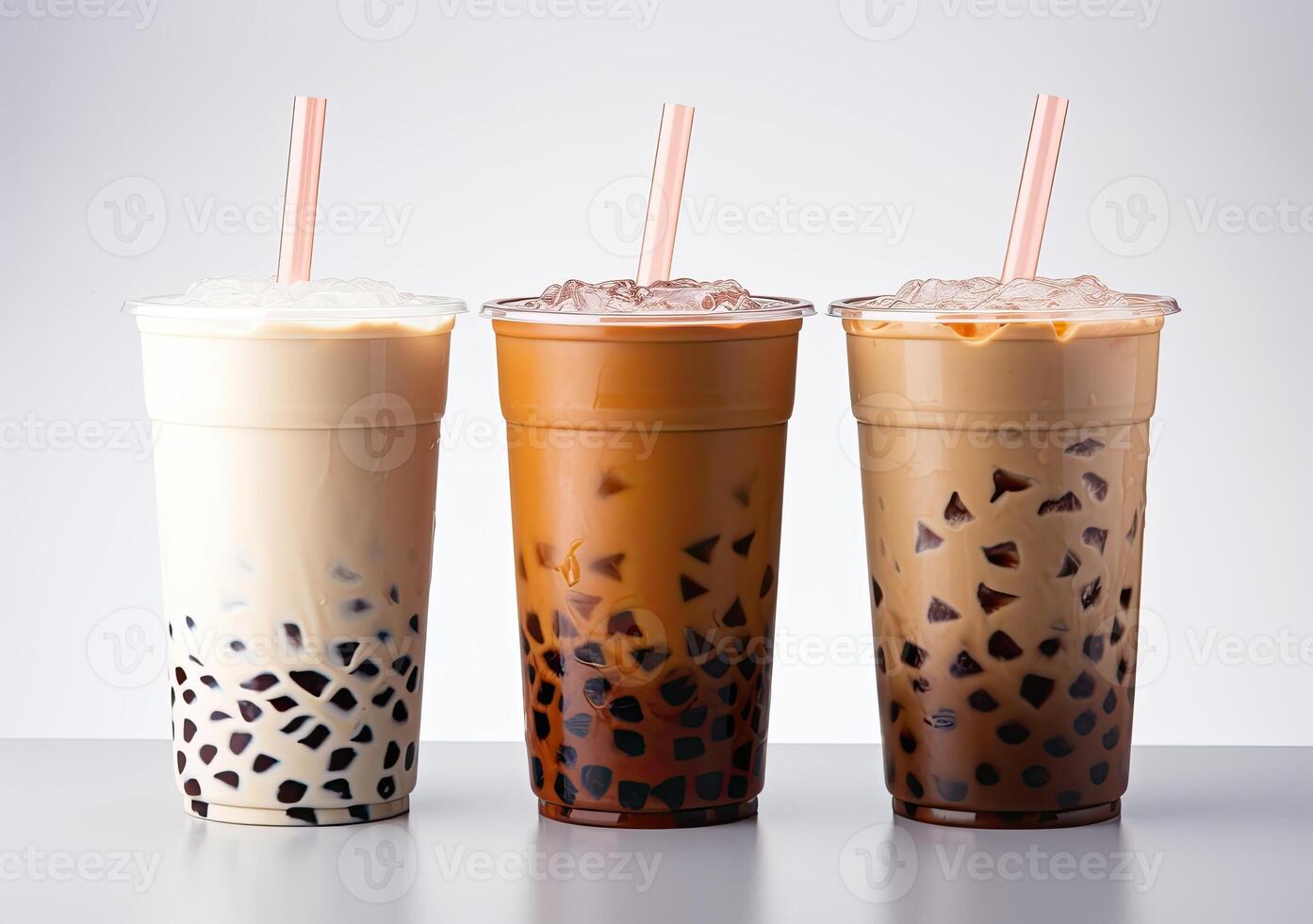 illustration of product photo of 3 plastic cups of boba milk tea, with bubbles, fun, solid soft pastel background