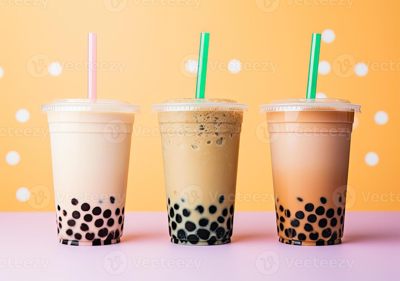 illustration of product photo of 3 plastic cups of boba milk tea, with bubbles, fun, solid soft pastel background