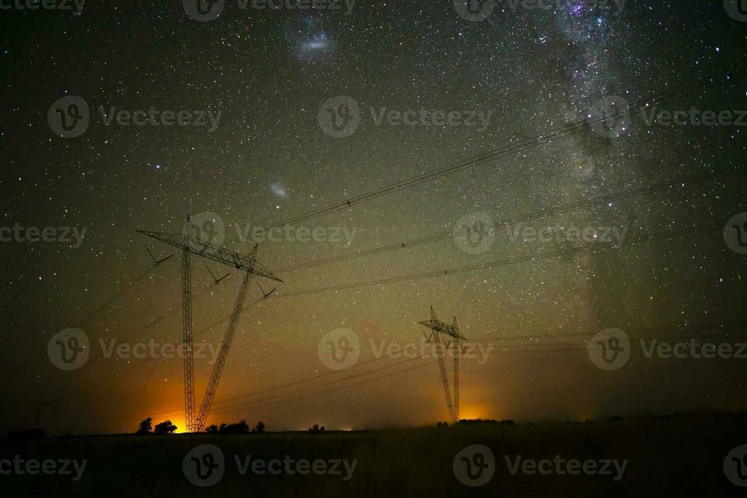 High voltage power line in a nocturnal landscape, La Pampa, Patagonia