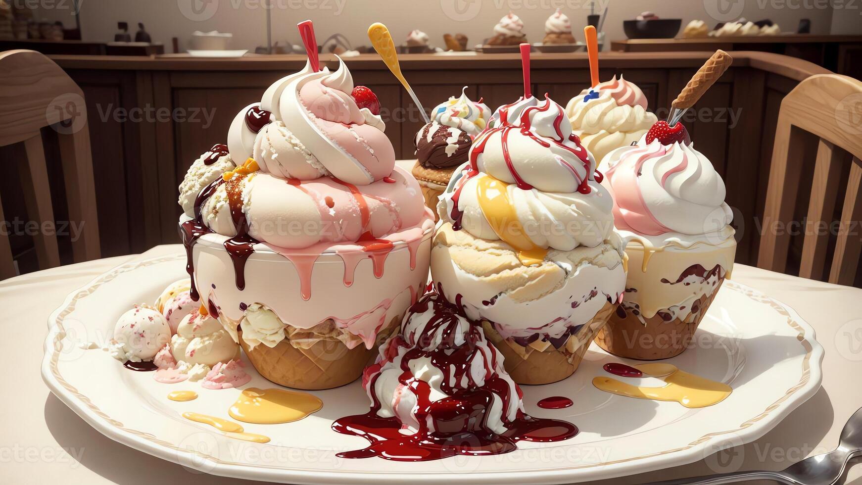 Mouthwatering Ice Cream Sundae on a Decorated Plate. AI Generated. photo