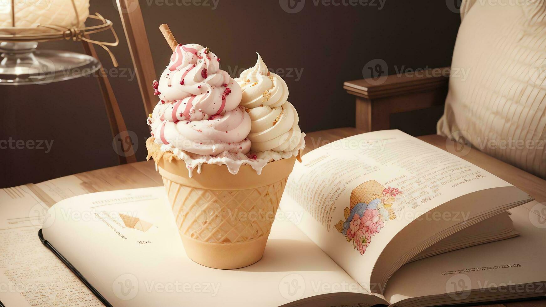 Sweet Reads A Whimsical Ice Cream Cone Bookmark for National Ice Cream Cone Day. AI Generated. photo