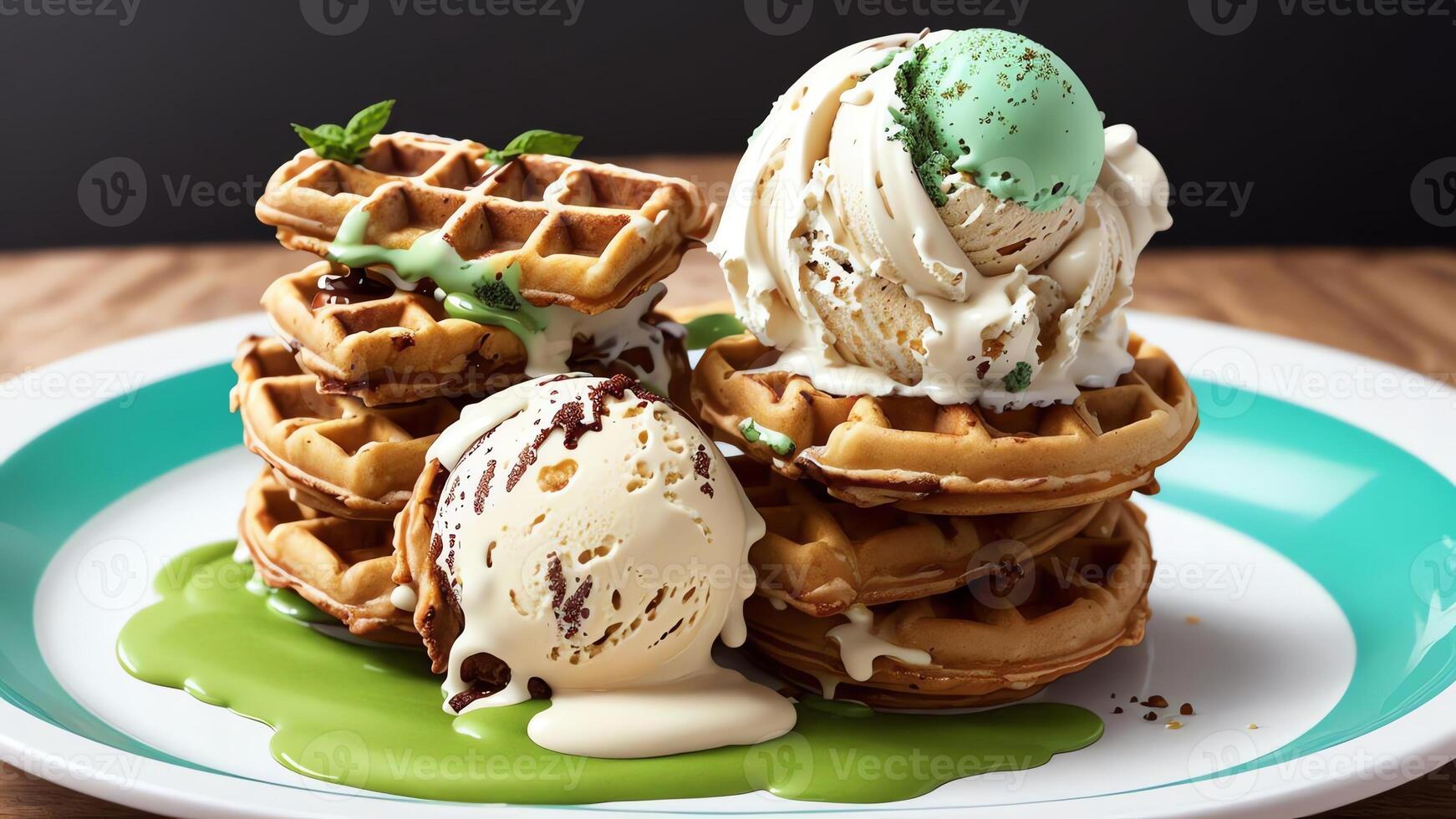 Melting Delight Green Tea Ice Cream on a Waffle. . photo